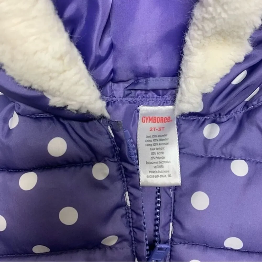 Gymboree Hooded Puffer Vest Girl 2T-3T Polka Dot Faux Fur Hoodie Spring Coat